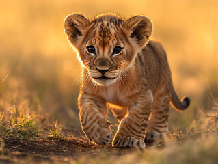 Obraz premium A playful lion cub exploring its surroundings, curiosity and innocence radiating from its eyes, set against a backdrop of sunlit savanna.