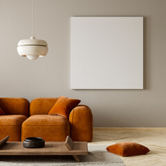 Japanese style interior design with wooden furnitures and raw materials. Mocuk up poster frame in ...