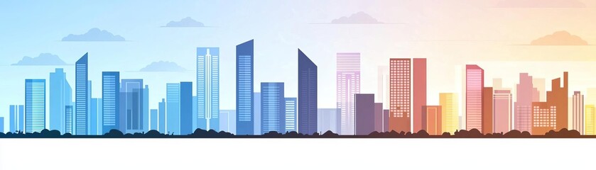 Obraz premium A vibrant skyline depicting modern architecture and colorful buildings at sunset.