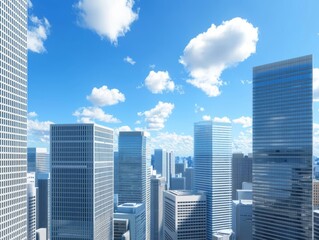 Obraz premium A stunning view of modern skyscrapers against a clear blue sky and fluffy white clouds.