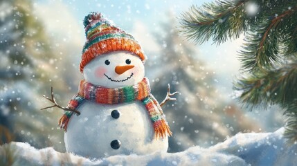 Obraz premium Watercolor illustration of a smiling snowman with a colorful scarf and hat next to a pine tree, embodying the joy of winter.