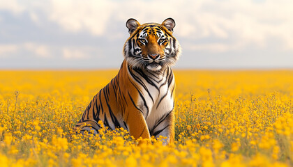 A solitary tiger sitting majestically in the middle of a yellow field, surrounded by swaying wildflowers under a bright, cloudless sky.