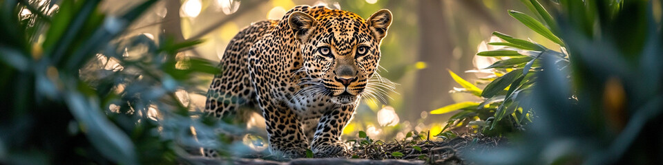 A stealthy leopard creeping through the underbrush, its spotted coat blending seamlessly with the dappled light of the jungle, creating a sense of mystery.