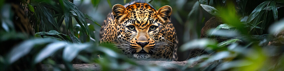 Obraz premium A stealthy leopard creeping through the underbrush, its spotted coat blending seamlessly with the dappled light of the jungle, creating a sense of mystery.