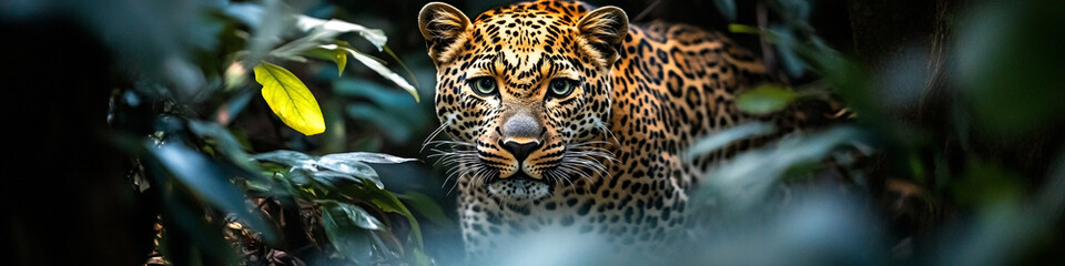 A stealthy leopard creeping through the underbrush, its spotted coat blending seamlessly with the dappled light of the jungle, creating a sense of mystery.