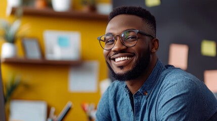 Obraz premium Businessman with a cute smile surrounded by brains in a modern office environment for creative inspiration