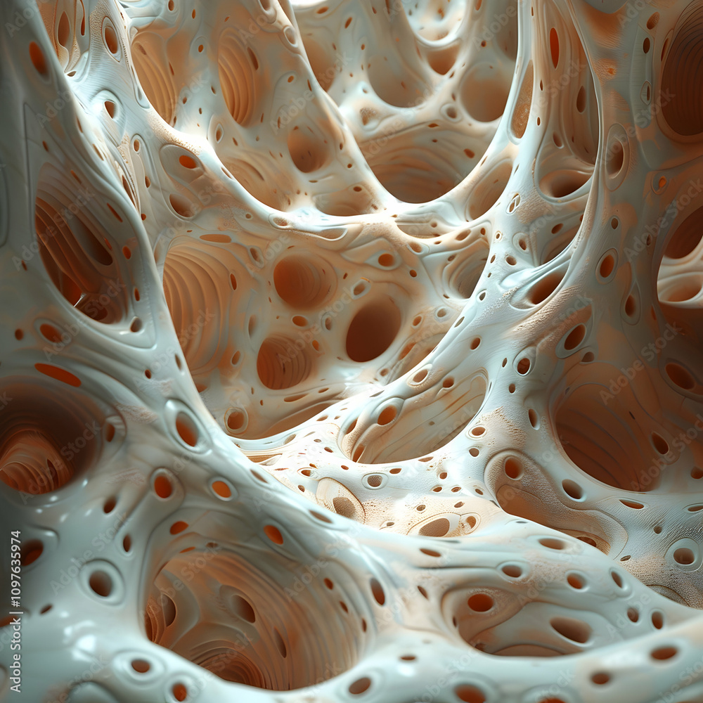 Fototapete abstract 3d rendering of a porous, organic structure with a creamy, off-white and peach color scheme
