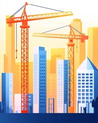 Obraz premium Colorful city skyline with construction cranes and modern buildings.