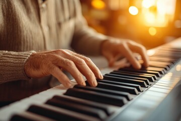 Fototapeta premium Focused Pianist in Warm Ambient Living Room Setting