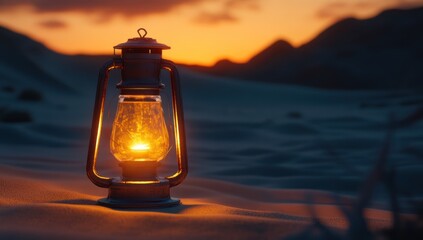 A Glowing Lantern in a Desert Landscape