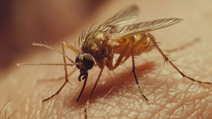 Close-up of a mosquito resting on human skin, showcasing intricate details of its body, wings, and legs under natural light, representing nature's tiny predators