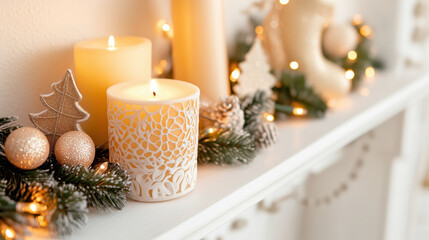 beautifully set mantelpiece adorned with holiday decorations and candles