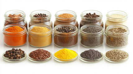 Colorful array of spices in jars on white background, showcasing variety of textures and colors that evoke sense of culinary creativity and flavor exploration