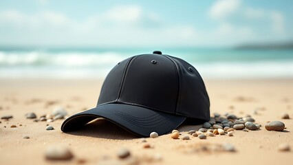 Obraz premium Sandy beach setting with black summer tee and baseball hat on seashore