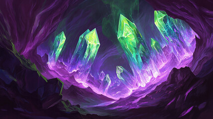 Obraz premium mysterious cave with glowing crystals illuminates dark surroundings, creating enchanting atmosphere filled with vibrant colors and ethereal beauty