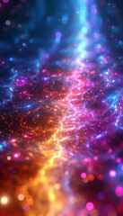 Abstract vibrant cosmic energy flow with colorful particles and bokeh lights.