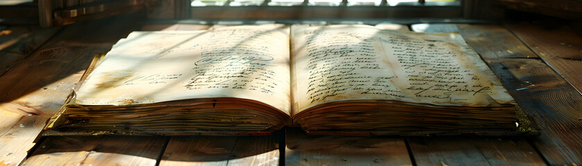 Fototapeta premium Antique book open on wooden surface.