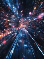 Abstract bright night city wallpaper with light rays. Landing page and website concept