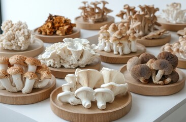 Fototapeta premium A Beautiful Arrangement of Various Edible Mushrooms Artfully Displayed on Wooden Plates in a Contemporary Setting for Culinary and Health Concepts