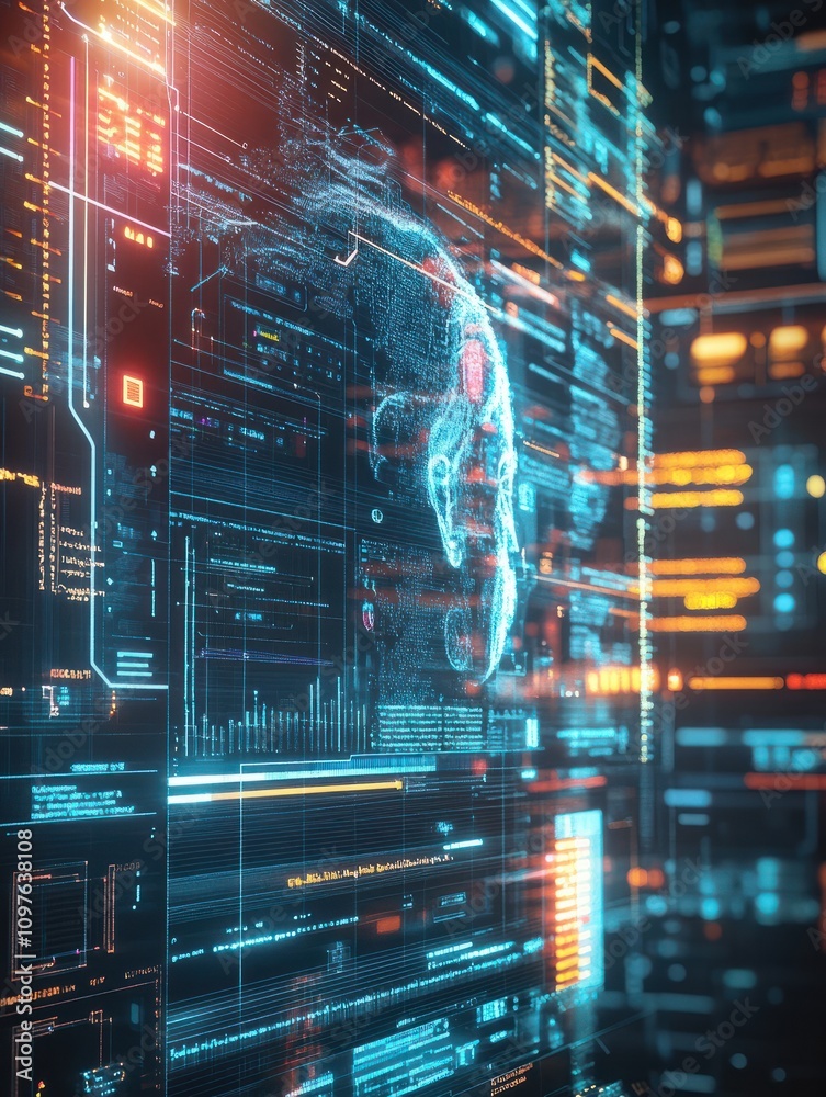 Poster abstract human resources interface on creative glowing programming backdrop. software and hr concept