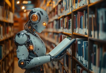 A Futuristic Robot Reading a Book in a Library Surrounded by Bookshelves Filled with Literature, Showcasing a Blend of Technology and Knowledge