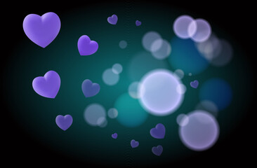 Purple romantic hearts on a green background with bokeh effect. Holiday symbol of love, birthday, Valentine's Day. Design of a greeting card. Festive contemporary banner. Vector 3d.