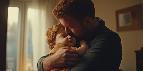 A heartfelt moment between a father and child captured in a warm, cozy setting. The embrace radiates love and security, showcasing the bond between family. A perfect image for parenting themes. AI