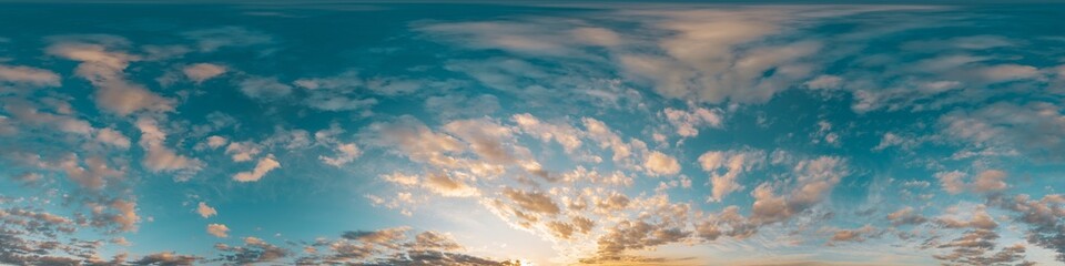 Sunset sky with bright glowing pink Cirrus clouds. Seamless spherical HDR 360 panorama. Full zenith or sky dome in 3D, sky replacement for aerial drone panoramas. Climate and weather change.