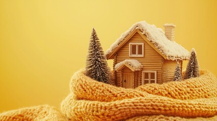 A house wrapped in an oversized scarf, symbolizing home comfort and warmth during the winter season. The scene is set against a warm yellow 