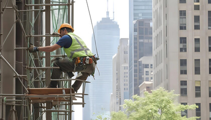 Fototapeta premium Construction Worker on Scaffolding in Urban Cityscape, Wearing Safety Gear and Hard Hat 