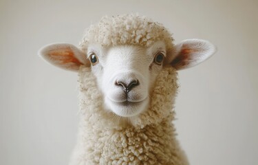 Obraz premium Adorable Close-Up of a Soft and Fluffy Lamb with Big Bright Eyes Against a Neutral Background, Perfect for Animal-Themed Projects and Nature Photography