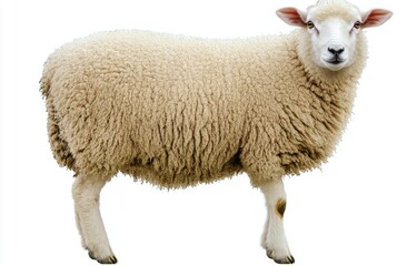 Fototapeta premium Adorable fluffy sheep standing gracefully on a white background showcasing its woolly coat and calm expression, perfect for agriculture, farming, or nature-themed projects.