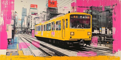 Artistic urban cityscape with a modern yellow train. A colorful transportation marvel in Japan, exemplifying vibrant architecture. City scene blending vibrant and modern elements, ideal for
