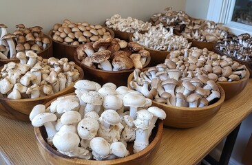 Fototapeta premium Assorted Fresh Mushrooms in Wooden Bowls Displayed on a Table, Showcasing Diverse Varieties for Culinary Use or Nature Photography Enthusiasts