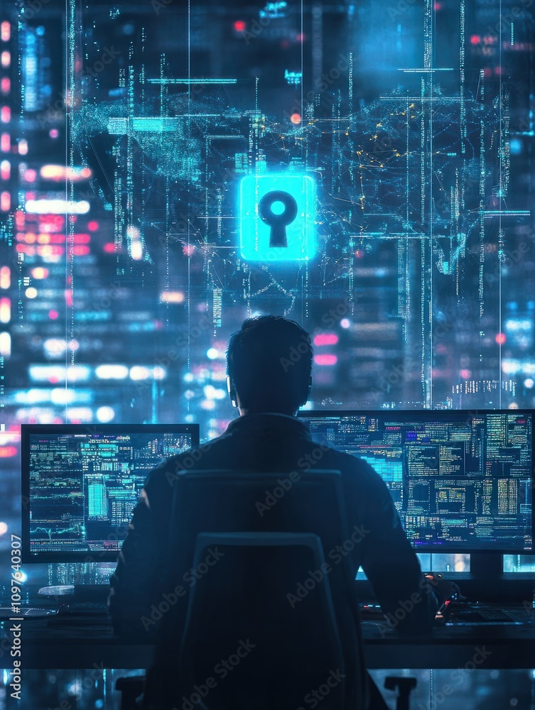 Poster back view of hacker at desktop using computers with glowing blue padlock hologram with forex chart a