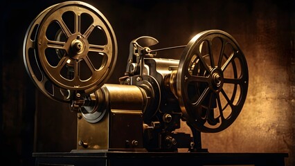 Fototapeta premium film projector glowing in a dark room, .
