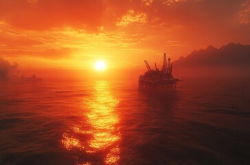 Obraz premium Breathtaking Sunset Over Oil Rig Silhouette in Ocean with Calm Waters and Dramatic Sky Filled with Warm Colors and Mountain Range in Background