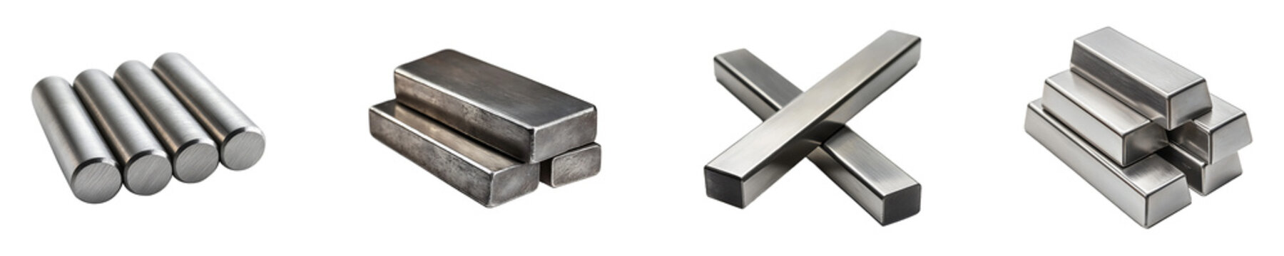 Collection, Set of Stainless Steel Billets isolated on transparent background.