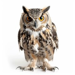 Obraz premium Great horned owl standing on white background