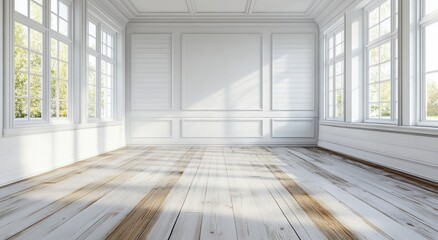 Bright and Spacious Empty Room with Large Windows Showcasing Natural Light and Beautiful Wooden Flooring in a Minimalistic Interior Setting