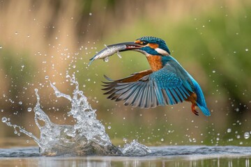 Fototapeta premium Common European Kingfisher Flying with fish catch