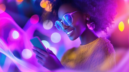 Chic African American Woman in Vibrant Neon Lighting Using Smartphone