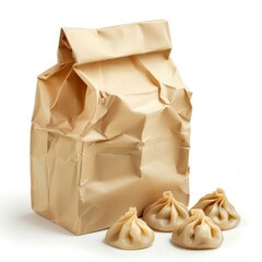 Steamed momos coming out from a paper bag on white background
