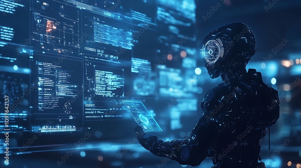 Poster cyborg using tablet computer in cyberspace. 3d rendering - generated ai
