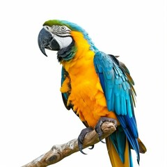 Fototapeta premium Blue and yellow macaw perched on branch, colorful parrot on white background