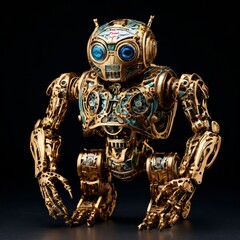 Obraz premium A highly detailed golden robot with large blue eyes stands against a dark background. Its intricate mechanical design showcases a blend of advanced technology and steampunk aesthetics.. AI Generation