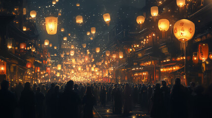 people enjoying New Year's Eve, light colorful lanterns that light up the night and symbolize hope and joy