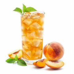 Glass of peach iced tea with fresh peaches and mint