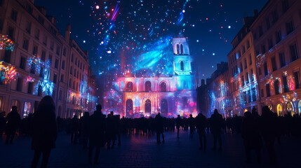 Festival of Lights in Lyon, featuring clean and dynamic light installations with bright colors