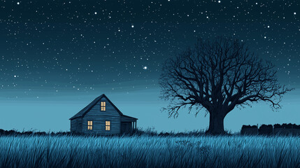 old house and big leafless tree in grassy field under the stars at night
